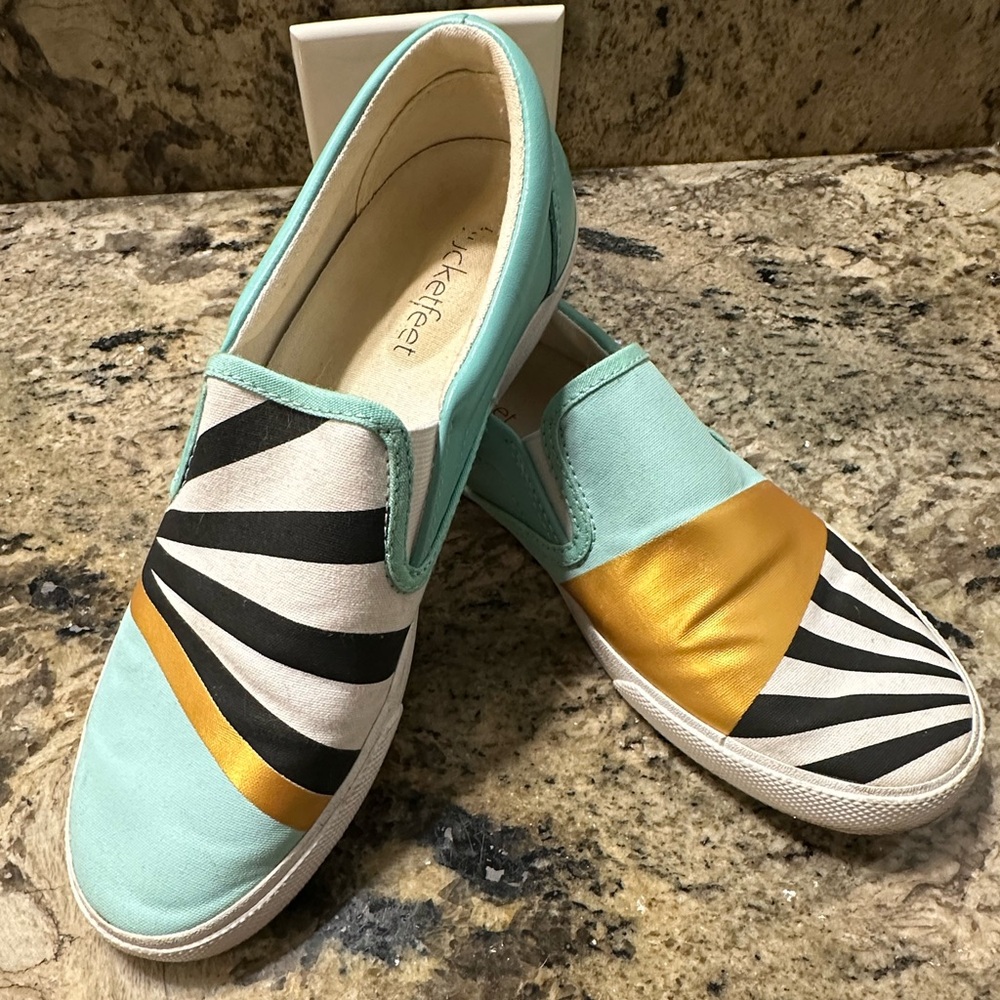 Bucket Feet canvas,‎ and leather Aqua and Gold Slip-On Shoes